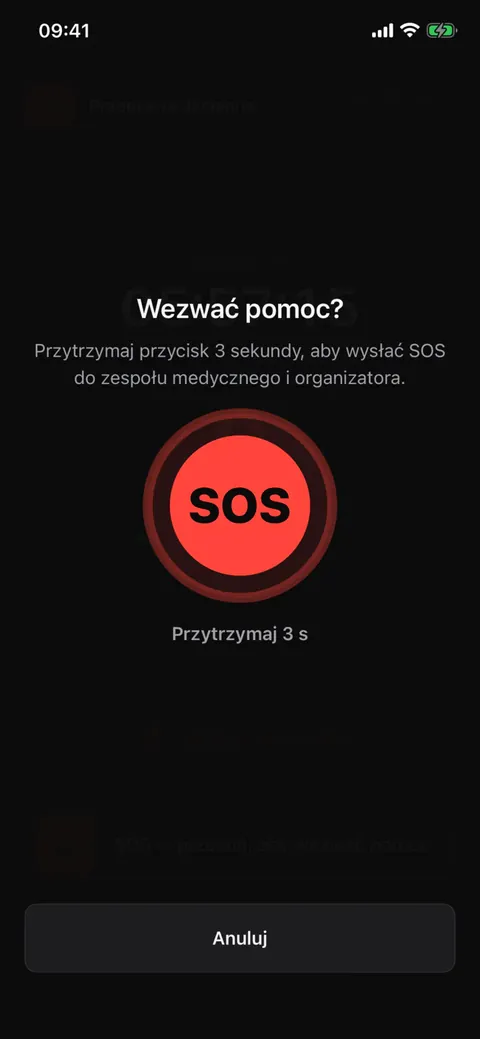Drugi krok SOS: duży przycisk SOS z instrukcją „Przytrzymaj 3 s” i przyciskiem Anuluj