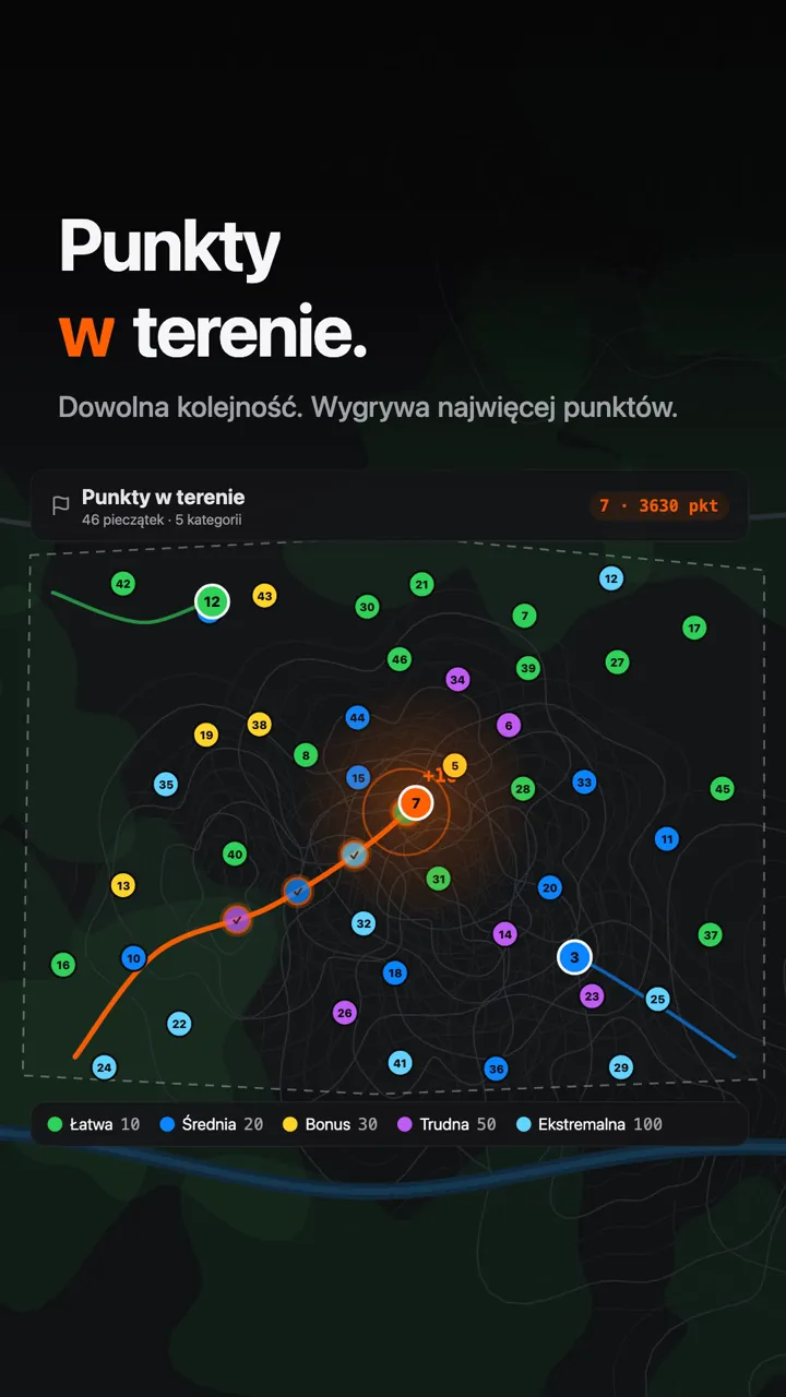 Kadr animacji: mapa terenu z pieczątkami w kolorach kategorii, napis „Punkty w terenie”