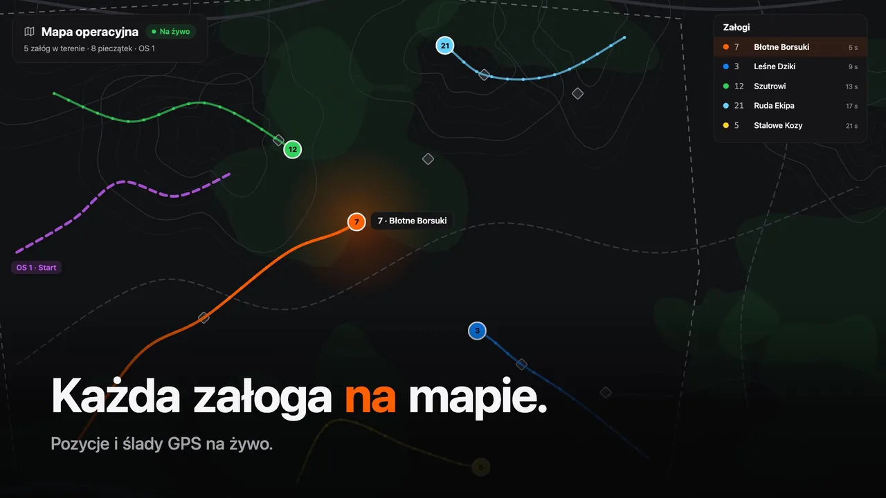Kadr z filmu: mapa operacyjna z załogami i ich śladami GPS, napis „Każda załoga na mapie”